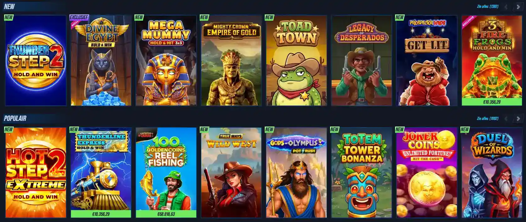 Actuele weergave van de VegasHero casino lobby met spelcategorieën en providerselectie