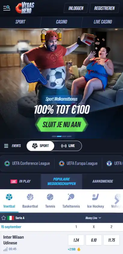 Actuele weergave van de VegasHero mobiele webinterface in een browser