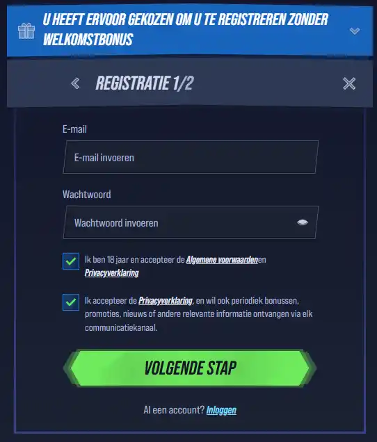 Actuele weergave van de actuele VegasHero registratiepagina met de zichtbare welkomstbonus